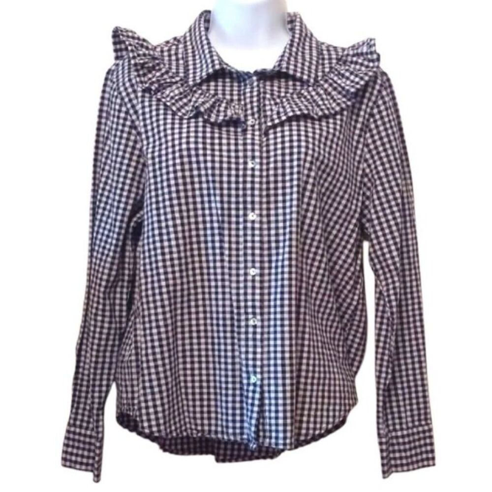 Gingham Women Cowgirl Western Button up Shirt Ruffle Black White Size Medium